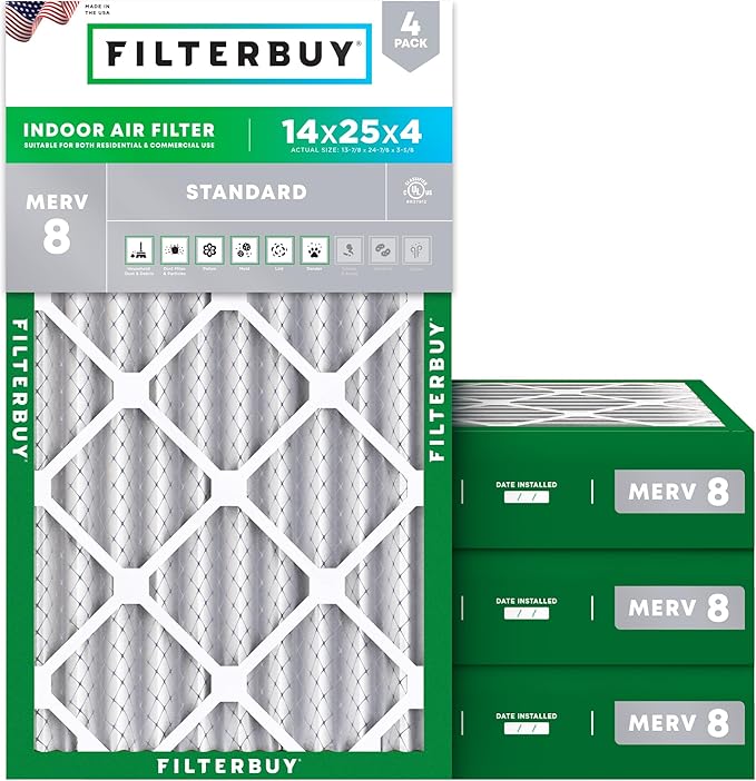 Filterbuy 14x25x4 Air Filter MERV 8 Essential Dust & Allergy Defense (4-Pack), Electrostatic Pleated HVAC AC Furnace Filters Replacement, Made in USA (Actual Size: 13.88 x 24.88 x 3.63)