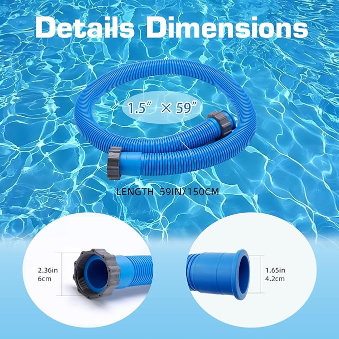 2-Pack 1.5 Inch Pool Pump Hose Replacement for Above Ground Pools, 59" Long Flexible PE Pool Filter Hose for Most 1.5 Inch Diameter Sand Filters & Saltwater Systems Includes 4 Washers (Blue)