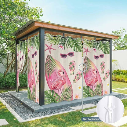 Summer Flamingbirds Outdoor Curtains for Patio Palm Leaves Plumeria Linen Waterproof Outside Curtains with Grommet Top Weatherproof Curtain for Cabana Pergola Gazebo, 1 Panel, 54" W x 108" L