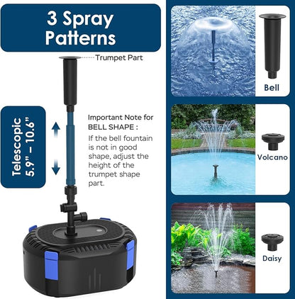 AquaMiracle All-in-One Koi Pond Filters for Outdoor Ponds 200-350 Gal, Pond Fountain Pump with 3 Spray Patterns, Fountain Kit with 400GPH Water Pump for Garden, Water Feature, Bird Baths