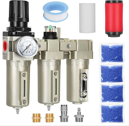 1/2" NPT Industrial Air Dryer for Compressor,3 Stage Air Compressor Water Separator System,Filter Oil Water Separator Dryer for Plasma Cutter and Paint Spray,Manual Drain