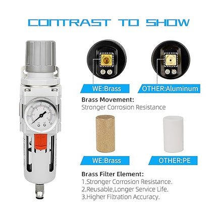 NANPU 3/4" NPT Compressed Air Filter Regulator Combo Piggyback, 5 Micron Brass Element, Poly Bowl, Semi-Auto Drain, Metal Bracket, 0-150 psi Gauge