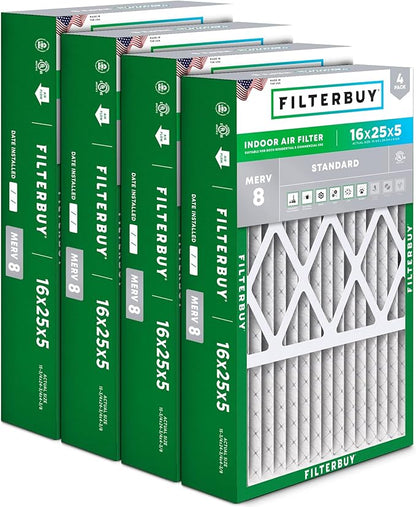 Filterbuy 16x25x5 Air Filter MERV 8 Essential Dust & Allergy Defense (4-Pack), Pleated HVAC AC Furnace Filters for Honeywell FC100A1029, Lennox X6670, and More (Actual Size: 15.75 x 24.75 x 4.38)