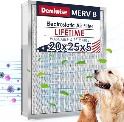 20x25x5 Washable Electrostatic Air Filter, MERV 8 Aluminum AC/HVAC Furnace Filter, Reusable Permanent Air Filter, Lasts a Lifetime, Increases Airflow（Actual Size:19.76"x24.72"x4.33")