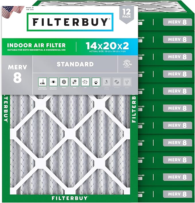 Filterbuy 14x20x2 Air Filter MERV 8 Essential Dust & Allergy Defense (12-Pack), Electrostatic Pleated HVAC AC Furnace Filters Replacement, Made in USA (Actual Size: 13.50 x 19.50 x 1.75)