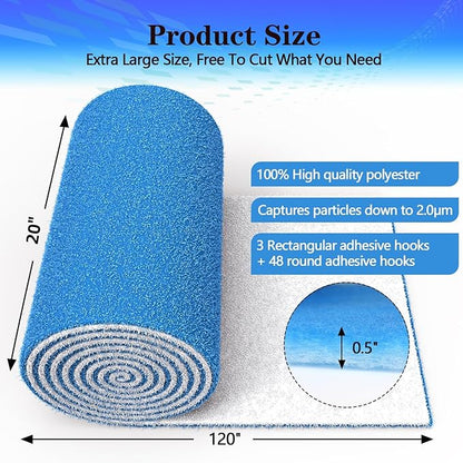 Air Vent Filters 20"X120", MERV 8 Electrostatic Cut to Size Floor Vent Roll, Blue & White Cut to Fit Air Vent Filters for Home Floor, Ceiling, Refrigeration, HVAC Vent And More, Compression Packing