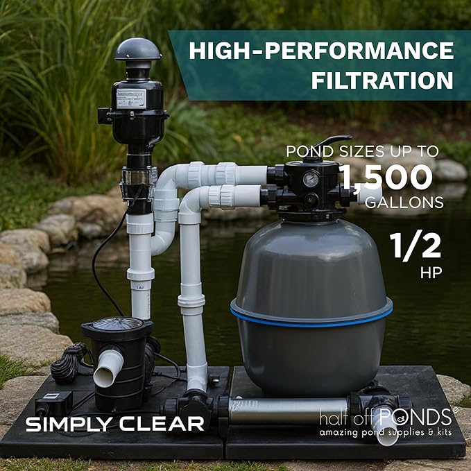 HALF OFF PONDS Simply Clear Koi Pond Filter System with 2HP Blower, UV Clarifier & 2,000 GPH Pump – Filters Ponds Up to 1500 Gallons – Complete Kit with Bio Media, Multiport Valve, Gauge