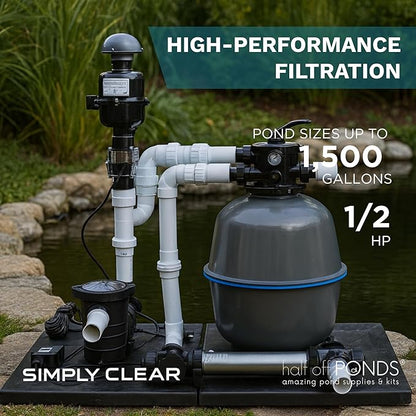 HALF OFF PONDS Simply Clear Koi Pond Filter System with 2HP Blower, UV Clarifier & 2,000 GPH Pump – Filters Ponds Up to 1500 Gallons – Complete Kit with Bio Media, Multiport Valve, Gauge