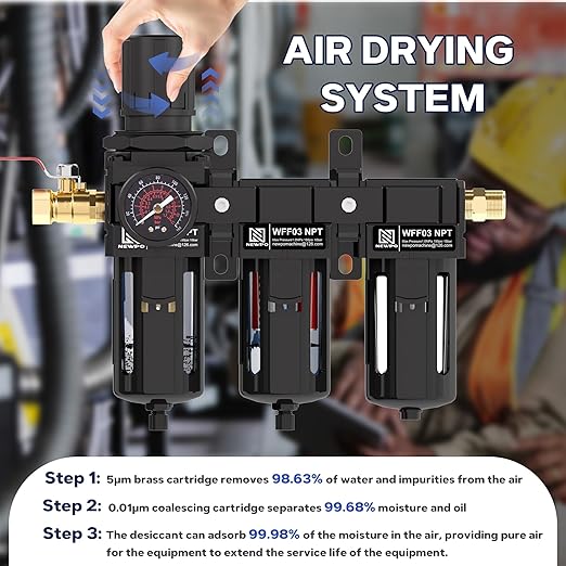 NEWPO 3/8" NPT 3 Stage Air Dryer for Compressor, Air Drying System with 5＆0.01 Micron Filter Cartridge，Desiccant Dryer & Air Regulator, Metal Bowl Semi-Auto Drain