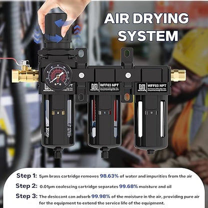 NEWPO 3/8" NPT 3 Stage Air Dryer for Compressor, Air Drying System with 5＆0.01 Micron Filter Cartridge，Desiccant Dryer & Air Regulator, Metal Bowl Semi-Auto Drain