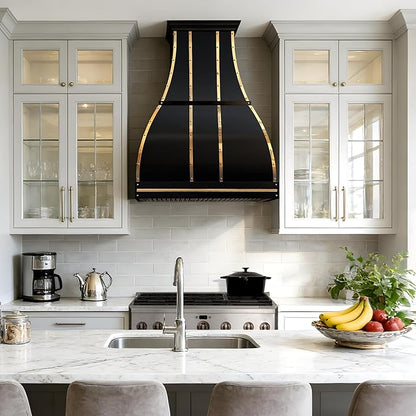 CHETTO C Stainless Steel Range Hood Cover with 4-Speed Vent Hood Insert Custom Handmade Metal Kitchen Fan with Towel Rack LED Light 42"W x21"D x60"H Black Wall Mount