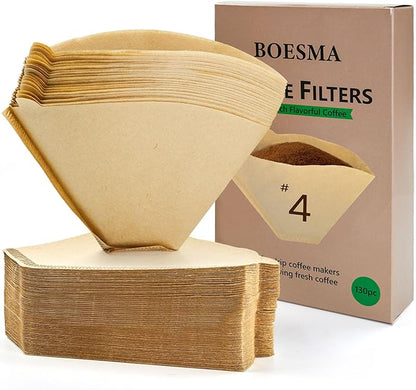 130 Count #4 Cone Coffee Filters 8-12 Cup, Unbleached Natural Paper, Disposable coffee filters 4 cone paper, Filters Paper Compatible with Ninja Coffee Filters, Pour Over and Drip Coffee Maker