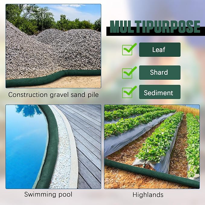 2 Pcs Sediment Filter Erosion Control Blanket Silt Fence Sock with Stuffers Drain Stormwater Sediment Filter for Erosion Control and Storm Drain Protection (Green)