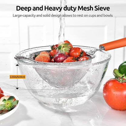 U-Taste Medium Fine Mesh Strainer: 18/8 Stainless Steel 4.73in 30 Mesh Kitchen Food Sieve with Sturdy Riveted Silicone Handle, Heavy Duty Deep Handheld Metal Colander for Rice, Quinoa, Flour (Orange)