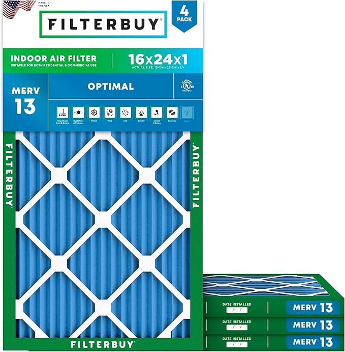 Filterbuy 16x24x1 Air Filter MERV 13 Optimal Smoke & Allergy Defense (4-Pack), Electrostatic Pleated HVAC AC Furnace Filters Replacement, Made in USA (Actual Size: 15.38 x 23.38 x 0.75)