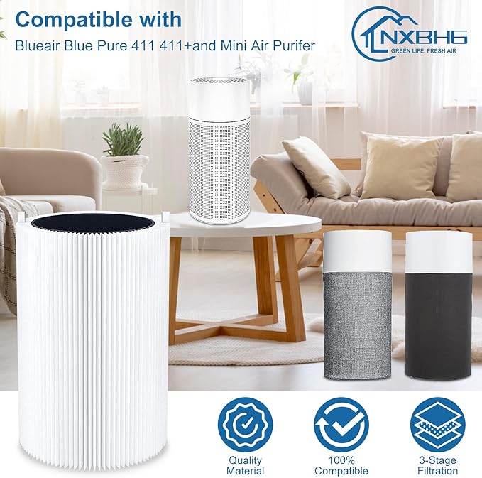 Blue Air 411 Replacement Filter Compatible with Blueair 411 Genuine, Blue Pure 411+,411 Auto & Mini, Efficient Dust Dander Filter&Odor Smoke Activated Carbon Filter, 1 Cleaning Brush(3 Pack Filters)