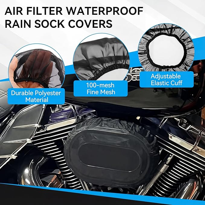 Meonum 2 Pack Air Filter Waterproof Rain Sock Covers, Compatible with Harley 114 Road King/Touring/FLHR/FLHX/Dyna/Softail, Air Cleaner Dustproof Protective Wraps Covers