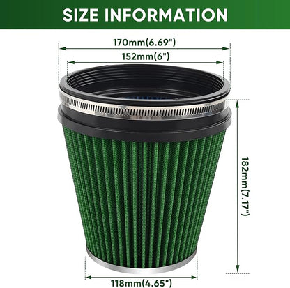 6" 152mm Cold Air Intake Filter Clamp-On Replacement High Flow Inlet Air Filter High Performance Washable Cone Filter 7" Tall Green