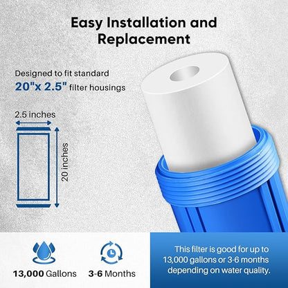 PUREPLUS 5 Micron 20" x 2.5" Whole House Sediment Home Water Filter, 20-inch Sediment Pre-Filtration, Replacement Cartridge Aqua Pure AP110-2C, Pentek P1-20/SP-P1-20/PX01-20, Watts FPMB5-20, 6Pack