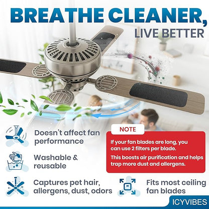 Premium Ceiling Fan Filters for Blades -10 PCS Activated Carbon Air Purifier Pads Unscented Washable Reusable Easy-Stick Coconut Shell Odorless Charcoal Dust Catcher Covers for Home Lighting Extractor
