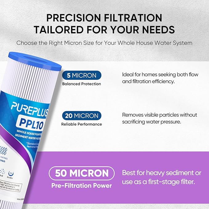 PUREPLUS 50 Micron 10"x2.5" Whole House Pleated Sediment Filter for Well Water, Replacement Cartridge for Universal 10 inch RO System, W50PE, WFPFC3002, SPC-25-1050, FM-50-975, 801-50, WB-50W, 4Pack