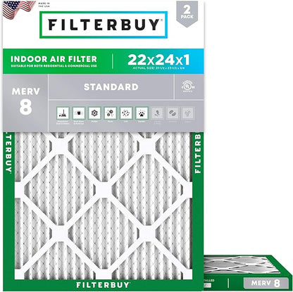 Filterbuy 22x24x1 Air Filter MERV 8 Essential Dust & Allergy Defense (2-Pack), Electrostatic Pleated HVAC AC Furnace Filters Replacement, Made in USA (Actual Size: 21.50 x 23.50 x 0.75)