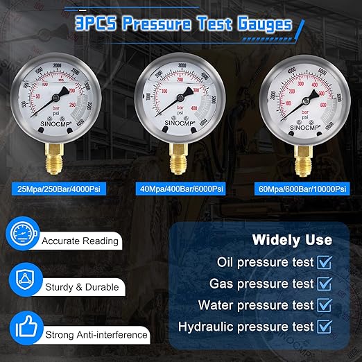 SINOCMP Hydraulic Pressure 3 Gauges(25/40/60MPa) Test Kit with 4 Test Hoses & 14 Straight Connectors & 19 Tee Connectors for Construction Machinery Excavator(Black)