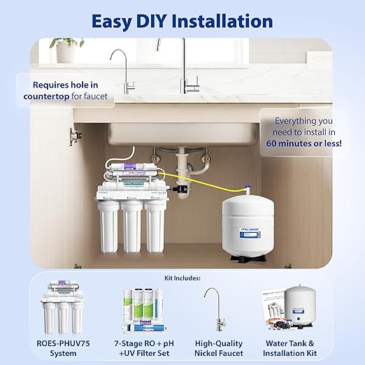APEC Water System ROES-PHUV75 Essence Series Top Tier Alkaline Mineral pH+ and UV Ultra-Violet Sterilizer 75 GPD 7-Stage Ultra Safe Reverse Osmosis Drinking Water Filter System
