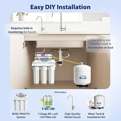 APEC Water System ROES-PHUV75 Essence Series Top Tier Alkaline Mineral pH+ and UV Ultra-Violet Sterilizer 75 GPD 7-Stage Ultra Safe Reverse Osmosis Drinking Water Filter System