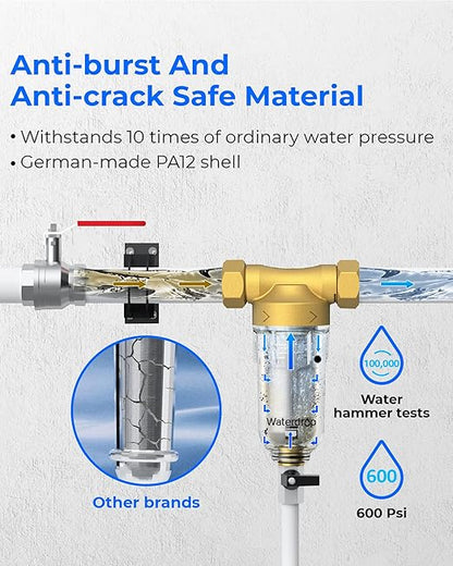 Waterdrop Spin Down Sediment Filter, Backwash Whole House Water Filter System for Well Water, 40-50 Micron, 1" MNPT + 3/4" FNPT + 3/4" MNPT, Traps Sand, BPA Free, WD-RPFK