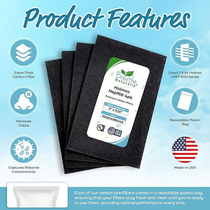 Breathe Naturally - Hapf600 HEPA Carbon Filter Replacement for Holmes Air Purifiers - High Efficiency Carbon Air Cleaner Filters - Compatible with Holmes HAPF600 Series - (4 Pack Carbon Filter C)