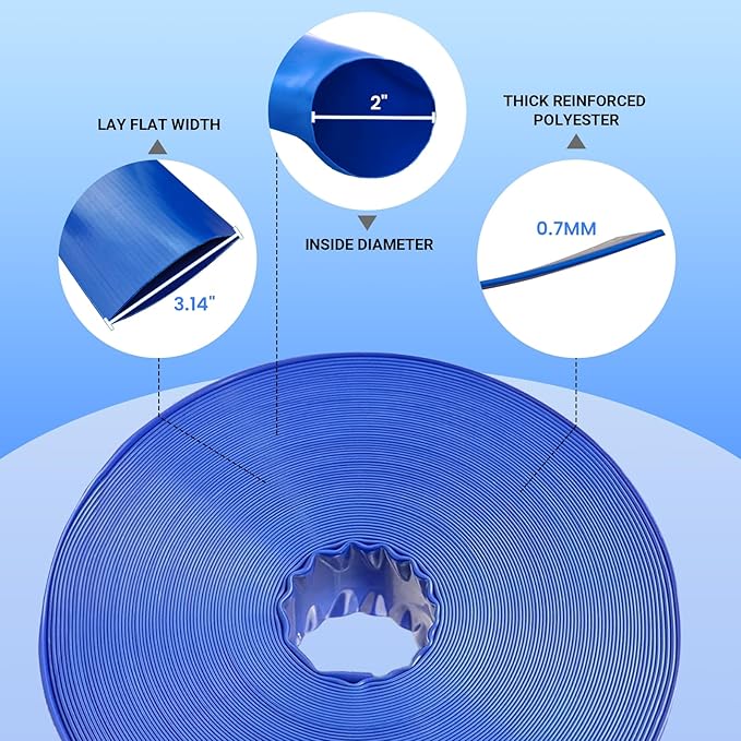 Poolvio Backwash Hose 2" x 100 ft, Blue Lay-Flat PVC Drain Hose with 2 Stainless Steel Thumb Screw Clamps, Tear-Resistant & Leak-Free for Swimming Pool Filter Cleaning, Flooded Area, Pond Draining