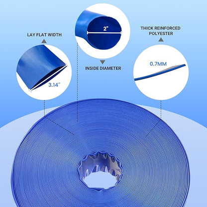 Poolvio Backwash Hose 2" x 100 ft, Blue Lay-Flat PVC Drain Hose with 2 Stainless Steel Thumb Screw Clamps, Tear-Resistant & Leak-Free for Swimming Pool Filter Cleaning, Flooded Area, Pond Draining