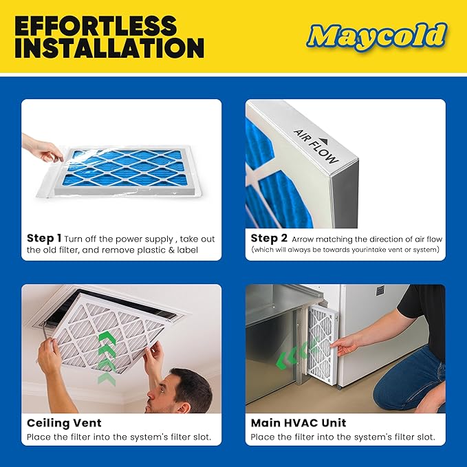 Maycold 14x18x1 MERV 11 Furnace Air Filter (6-Pack), High-Performance HVAC AC Filters for Home Use, Actual Size: 13.70" x 17.70" x 0.75", Individually Wrapped in Plastic