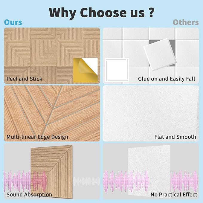 Art3d 6-Pack Self-Adhesive Acoustic Wall Panels for Home Décor, 24 x 24 Inch Soundproofing Panels for Office Studio Bedroom - High Noise Absorption Polyester Fiber, Wood Grain Airbrush