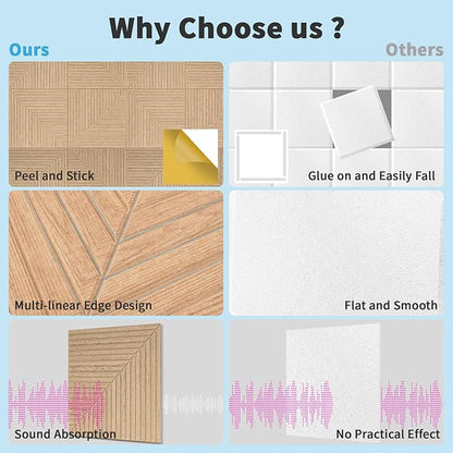 Art3d 6-Pack Self-Adhesive Acoustic Wall Panels for Home Décor, 24 x 24 Inch Soundproofing Panels for Office Studio Bedroom - High Noise Absorption Polyester Fiber, Wood Grain Airbrush