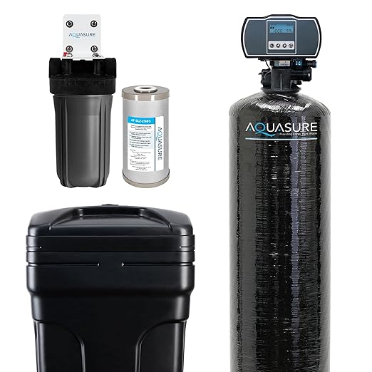 Aquasure Harmony Series 72,000 Grains Whole House Water Softener Bundle with Automatic Digital Control Head and Triple Purpose Sediment/Carbon/Zinc Filter System | Reduces Hardness (for 6+ bathrooms)
