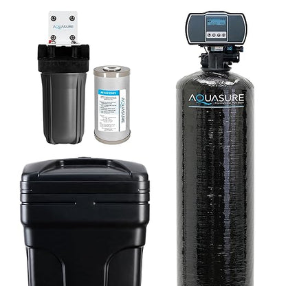 Aquasure Harmony Series 72,000 Grains Whole House Water Softener Bundle with Automatic Digital Control Head and Triple Purpose Sediment/Carbon/Zinc Filter System | Reduces Hardness (for 6+ bathrooms)