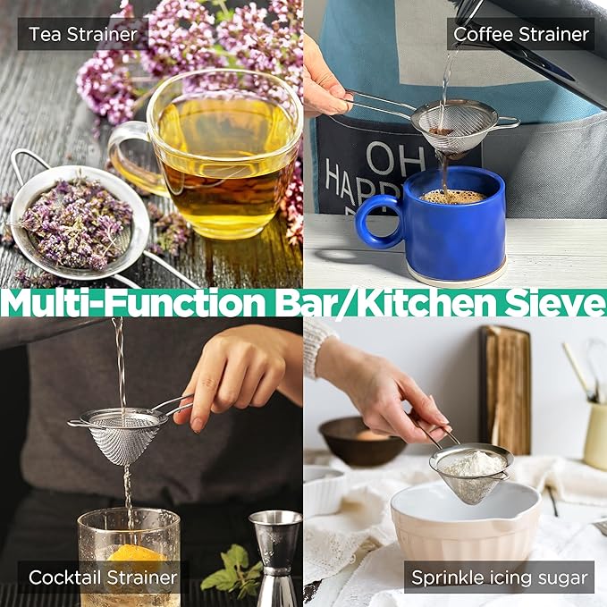 Homestia 2 Piece 3.3" Fine Mesh Strainer for Kitchen, 304 Stainless Steel Cocktail Sieve Sifters for Food, Liquid Strainer for Drinks, Tea, Coffee, Juice, Flour, Fruits, Vegetables (Silver, 2 Pack)