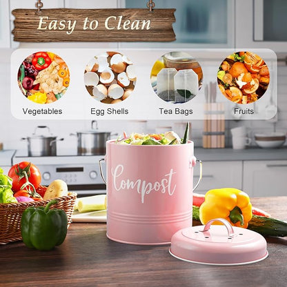 Compost Bin Kitchen, 1.3 Gallon Farmhouse Kitchen Compost Bin Countertop, Indoor Countertop Compost Bucket with Lid and Charcoal Filters, Pink