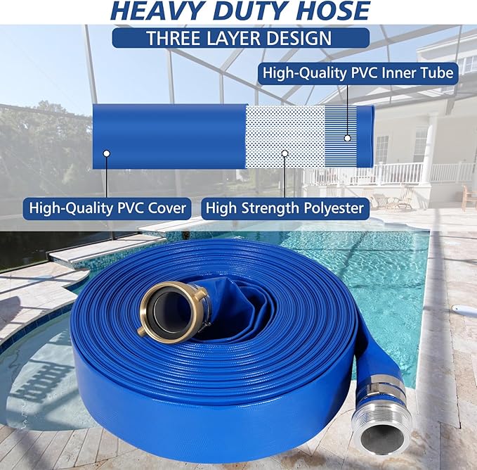 1" x 50 ft Backwash Hose for Swimming Pools, Heavy Duty PVC Lay Flat Water Discharge Hose,Durable Pool Drain Hose with Aluminum Pin Lug Fittings for Pump And Filters