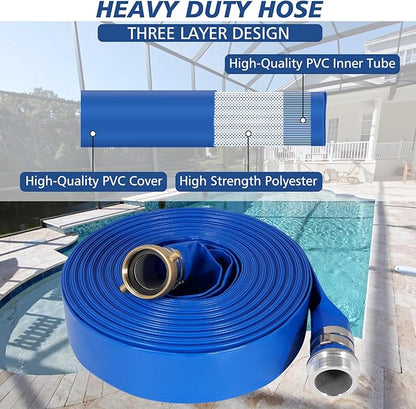 1" x 50 ft Backwash Hose for Swimming Pools, Heavy Duty PVC Lay Flat Water Discharge Hose,Durable Pool Drain Hose with Aluminum Pin Lug Fittings for Pump And Filters