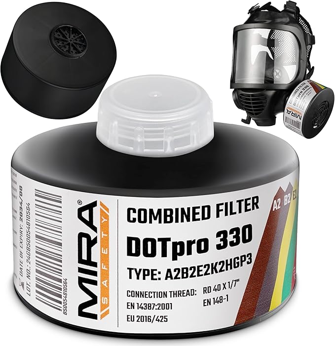 MIRA Safety - DotPro 330 - Industrial Grade Gas Mask Filter | A2 B2 E2 K2 HG P3 Filter Rating | Long Shelf Life | 40mm NATO Filter | Fits CBRN Gas Masks