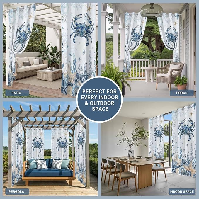 Oceans Outdoor Curtains for Patio Crabs Marine Life Shell Starfish Blue Waterproof Outside Curtains with Grommet Top Weatherproof Curtain for Cabana Pergola Gazebo, 2 Pack, 54" W x 84" L