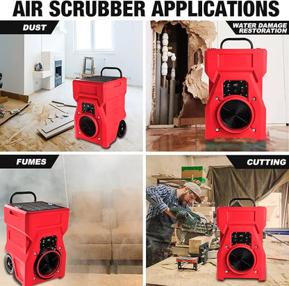 MOUNTO 1000cfm Portable Industrial Air Purifier Negative Air Scrubber - Powerful 1HP Motor, True HEPA Filter, 2-Speed, Handle and wheels 3-Year Warranty (Red)