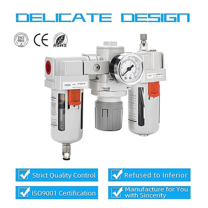 NANPU 1/2" NPT Air Filter, Regulator & Lubricator (FRL) Combo - Water/Oil Trap Separator - Pressure Gauge(0-150 psi), 5 Micron Brass Element, Semi-Auto Drain, Poly Bowl, Metal Bracket