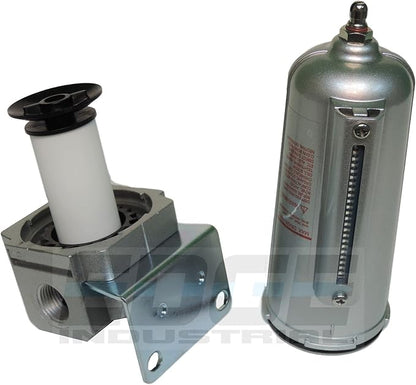 HEAVY DUTY HIGH FLOW COMPRESSED AIR IN-LINE PARTICULATE FILTER WITH METAL BOWL, 1/2" NPT PORTS, 140 CFM, VISIBLE SIGHT GLASS, 5 MICRON ELEMENT