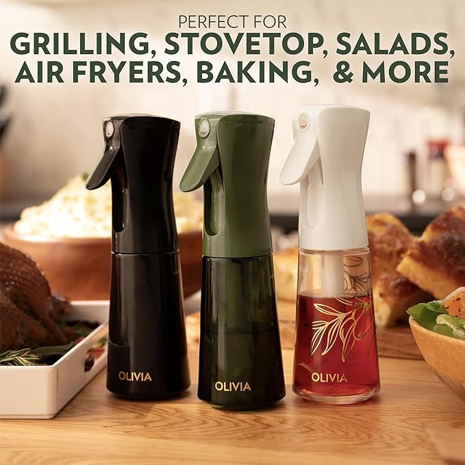 FLAIROSOL OLIVIA SIGNATURE Advanced Kitchen Oil Sprayer Technology, Continuous Fine Mist with Portion Control, Reusable Glass Olive Oil Spray Bottle, Anti-Drip & Leakproof, Black 200ml
