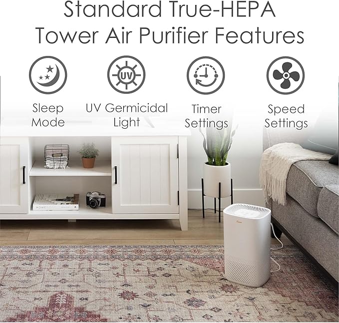 Crane Air Purifier with True HEPA Filter, UV Light, 250 Sq Feet Coverage, Timer Function, Sleep Mode, Washable Particle Filter, EE-5067