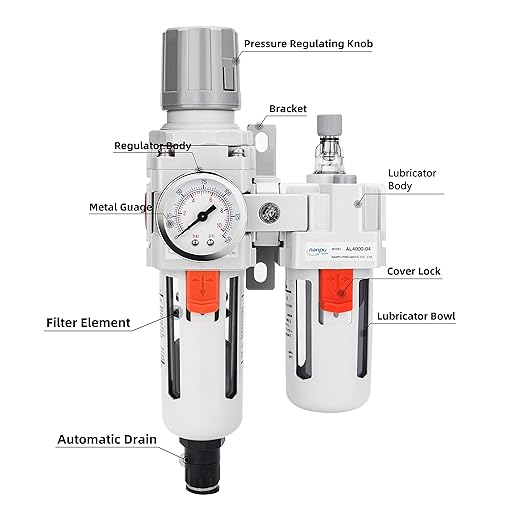 NANPU 1/2" NPT Auto-Drain Air Filter Regulator Lubricator Combo (FRL) Water/Oil Trap Separator - Gauge(0-150 psi), 5 Micron Brass Element, Poly Bowl, Metal Bracket
